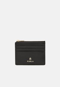 Black leather card holder featuring a textured finish, four card slots, a zippered compartment, and a gold-toned logo at the front.