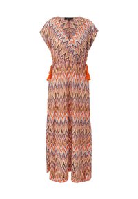 Robe maxi à motifs dans des teintes d'orange, de rose et de marron, avec un design fluide, un décolleté en V et des liens ajustables à la taille.