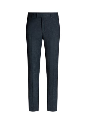 Pantaloni tailleur blu scuro con una sottile texture, caratterizzati da una frontale piatta, una vestibilità slim e una vita a media altezza. Senza tasche visibili o decorazioni.