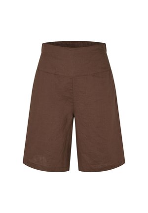 Bruine shorts met hoge taille tot op de knie met een brede tailleband en een eenvoudige, gladde stoftextuur.