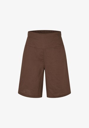 Bruine shorts met hoge taille tot op de knie met een brede tailleband en een eenvoudige, gladde stoftextuur.