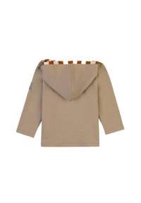 Felpa beige a maniche lunghe con cappuccio testurizzato caratterizzato da strisce alternate arancioni e bianche; tessuto morbido con una vestibilità rilassata.
