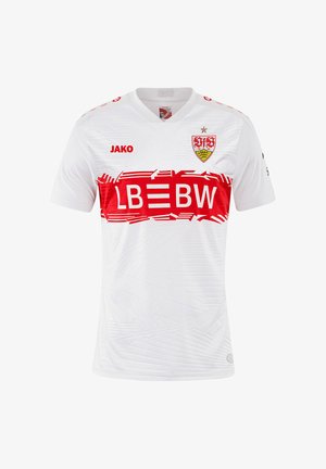 Maillot de football blanc avec un design texturé, des accents rouges et un logo. Il présente un col rond, des manches courtes et un graphique de sponsor rouge bien visible.