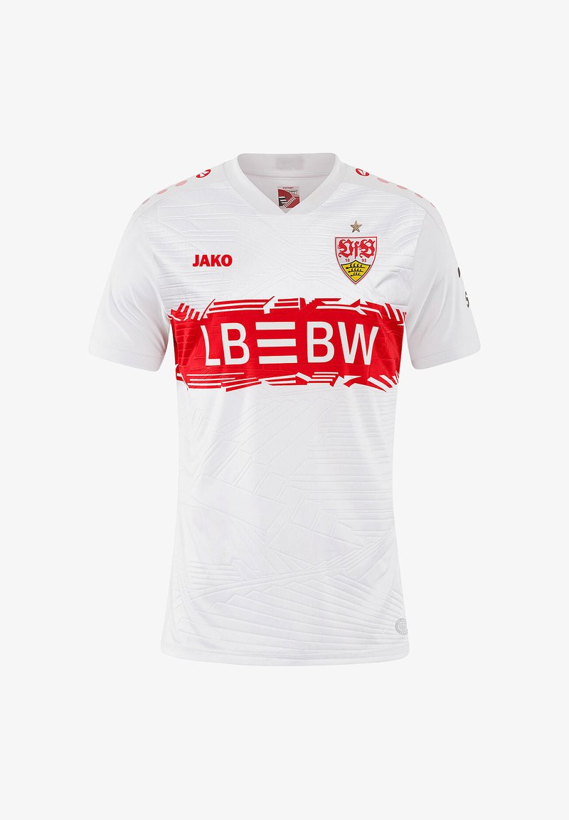 Maglietta da calcio bianca con design testurizzato, dettagli rossi e logo. Caratterizzata da un collo a giro, maniche corte e una grafica del sponsor rossa ben visibile.