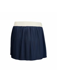 Falda plisada azul marino con una cinturilla elástica color crema. Presenta un diseño acampanado y una tela texturizada que le da un aspecto de varias capas.