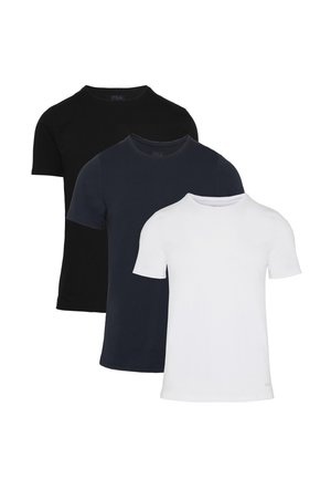 Tres camisetas lisas de manga corta con cuello redondo en negro, azul marino y blanco, dispuestas superpuestas sobre un fondo blanco.