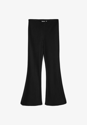 Pantaloni neri a palazzo realizzati in tessuto testurizzato, con una vita alta e una finitura liscia, che si allargano verso l'orlo nella parte inferiore.