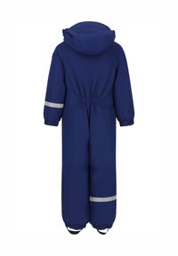 Blauwe geïsoleerde jumpsuit met een capuchon, een elastische tailleband, reflecterende strepen op de mouwen en verstelbare manchetten. Duurzaam materiaal, praktische ontwerp.