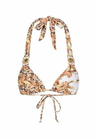 Bikini top con motivo floreale, con coppe triangolari, lacci al collo e sulla schiena, dettagli in metallo dorato e una combinazione di colori tra corallo e stampa animale.