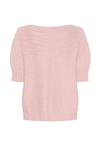 Blegt rosa kortærmet sweater med en bred halsudskæring, ribbet manchet og kant, lavet af et blødt, struktureret strikmateriale.