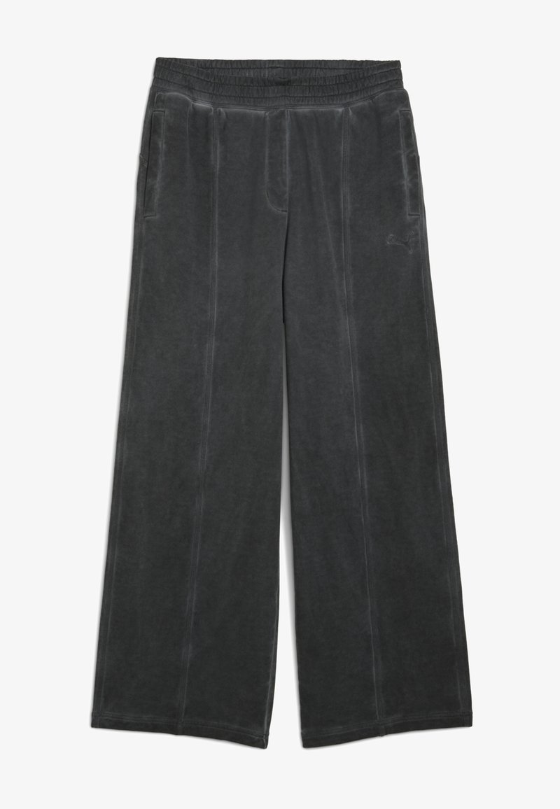 Pantalones de pierna ancha de color gris oscuro, hechos de material suave, con cinturilla elástica, dos bolsillos delanteros y detalles cosidos.
