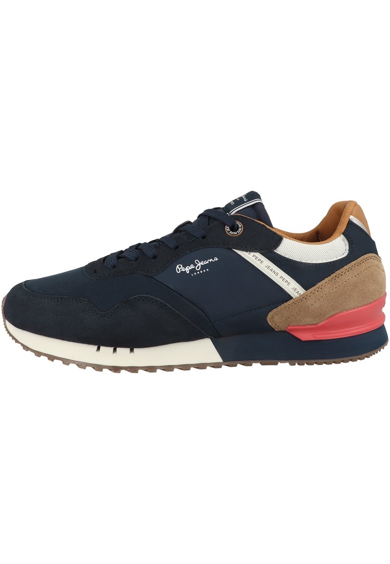 Námořnické modré tenisky s vrchní částí z semiše a síťoviny, s bílými a béžovými akcenty, gumovou podrážkou a detaily loga na boku v bílém písmu.