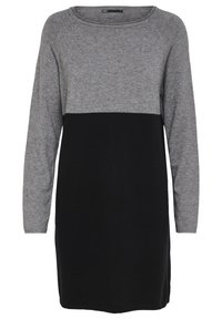 Robe tricotée avec une partie supérieure grise et un bas noir, à manches longues et col rond. Texture douce avec une coupe décontractée.