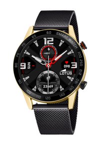 Smart watch with a black dial, gold accents, silver hands, and a mesh black strap. Features include a heart rate monitor and digital display.