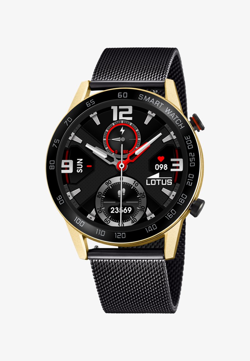 Reloj inteligente con un dial negro, acentos dorados, manecillas plateadas y una correa de malla negra. Las características incluyen un monitor de frecuencia cardíaca y una pantalla digital.