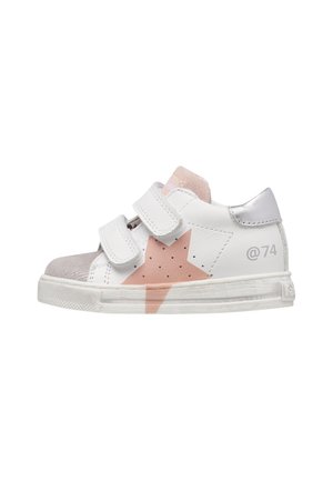 White children's sneaker with pink star design, silver toe and heel, two velcro straps, and a rubber sole.