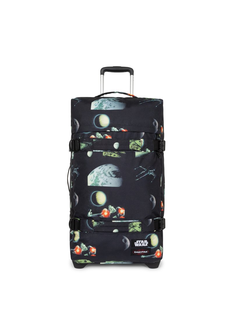 Zaino da viaggio nero con stampa a tema spaziale, caratterizzato da pianeti e navicelle spaziali. Include un manico retrattile e ruote resistenti.