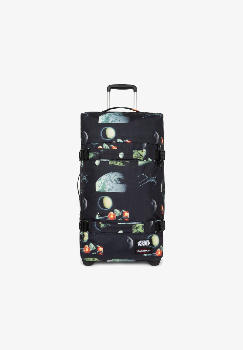 Zaino da viaggio nero con stampa a tema spaziale, caratterizzato da pianeti e navicelle spaziali. Include un manico retrattile e ruote resistenti.