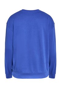 Felpa blu con vestibilità comoda, caratterizzata da un collo rotondo, polsini a coste e una texture liscia. La vista posteriore mostra i dettagli della cucitura e nessun abbellimento.