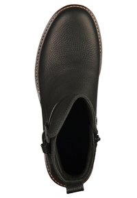 Bottine en cuir noir avec surface texturée, bout arrondi, fermeture éclair latérale et surpiqûres contrastées le long de la semelle. Doublure intérieure lisse.