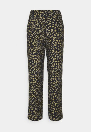 Black straight-leg trousers with high waist and gold irregular spotted pattern, front button, and belt loops.