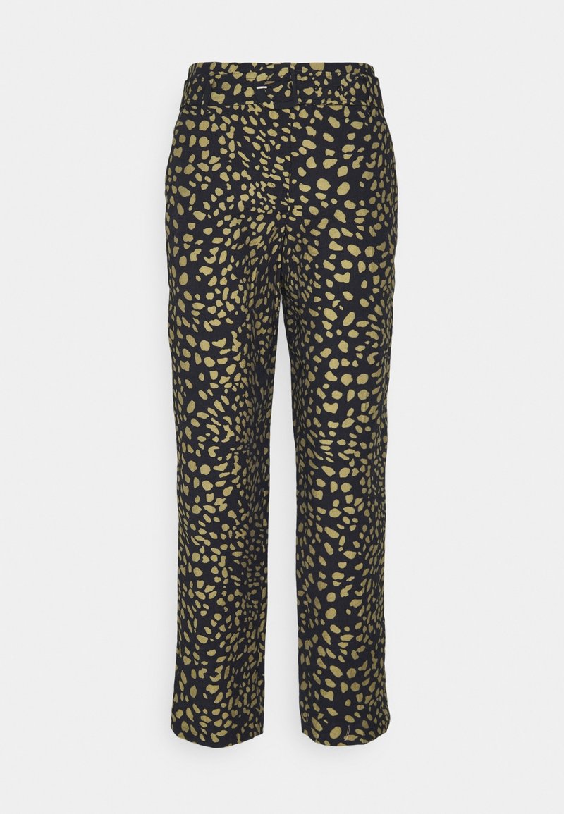 Pantalon noir à jambes droites, taille haute avec motif irrégulier de taches dorées, bouton frontal et passants pour ceinture.