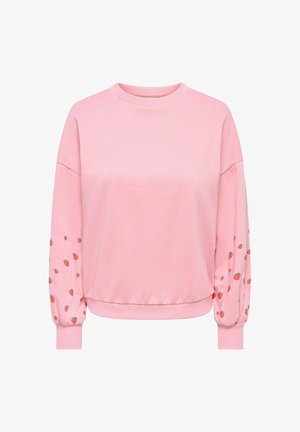 Felpa rosa con collo tondo, vestibilità ampia e fascia elastica in vita. Le maniche presentano un motivo disperso di fragole. Tessuto in misto cotone.