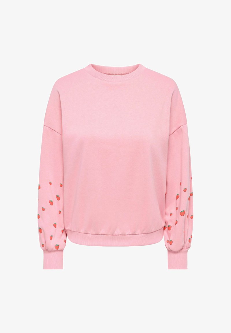 Bluza roz roz cu guler rotund, croială lejeră și talie elastică. Mâneci cu un model împrăștiat de căpșuni. Material din amestec de bumbac.