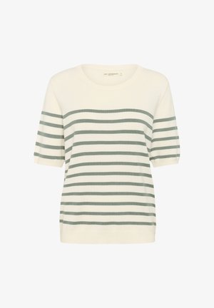 Gestreepte korte mouwen trui in crème met groene strepen. Heeft een ronde hals en is gemaakt van een zachte, lichte stof. Eenvoudig ontwerp, casual pasvorm.
