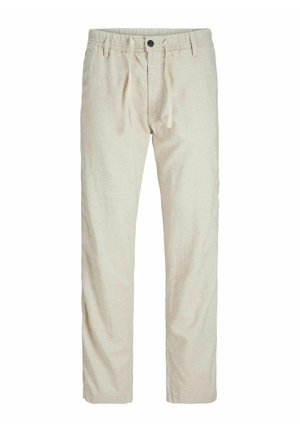 Beige linen pants with a drawstring waist, straight leg design, and a front button closure. Smooth texture with a subtle pattern.