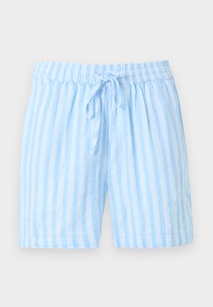 Világoskék rövidnadrág fehér függőleges csíkokkal, rugalmas derékrésszel és elöl megkötött húzózsinórral, egyszínű világos háttéren bemutatva.