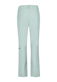 Hellgrüne, wasserdichte Outdoor-Hosen mit geradem Schnitt, elastischem Bund und seitlichen Netzpaneelen für Atmungsaktivität. Mit Logo auf dem linken Bein.