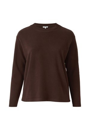 Pull en maille marron à manches longues avec col côtelé, coupe simple et fit décontracté.
