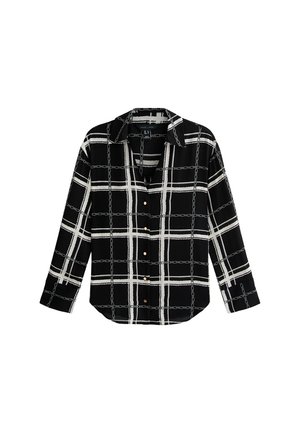 Zwart-wit geruite blouse met lange mouwen, knoopsluiting aan de voorkant en een kraag. Kenmerken zijn gouden knoppen en een kettingachtige patroon. Soepele stoftextuur.