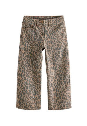 Detské rifle s rovnými nohavicami, hnedo-čierny leopardí vzor, predné zapínanie na gombík a dizajn s piatimi vreckami.