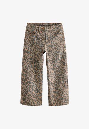 Gyerek egyenes szárú farmer barna és fekete leopárd mintával, elöl gombos, ötlovas zsebes kialakításban.