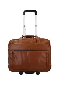 Brown leather rolling briefcase with zipper pockets, carrying handles, and extended telescopic handle on white background.
