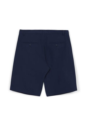 Shorts bleu marine à texture lisse, dotés d'une coupe droite, de deux poches arrière avec fermetures à boutons, et d'une ceinture au design épuré.