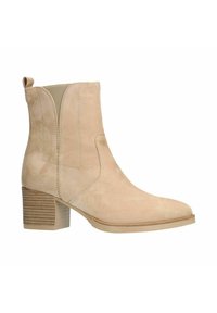 Stivaletti beige in suede, con punta affusolata, pannelli elastici laterali e un tacco a blocco testurizzato. Design semplice ed elegante.