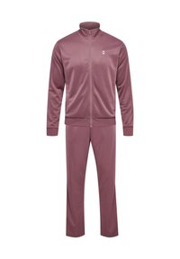 Bordeaux tracksuit lavet af glat, letvægtsstof. Har en zip-jakke med stående krave og matchende bukser. Minimalistisk design med logo.