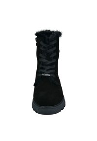 Schwarzer Wildleder-Stiefeletten mit Kunstfellbesatz, Schnürung auf der Vorderseite, seitlichem Reißverschluss und strukturiertem schwarzen Gummisohle. Flaches Design ohne Muster.