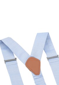 Himmelblaue Stoffträger mit strukturiertem Finish, ausgestattet mit braunen Lederakzenten und Metallclips zum Befestigen. Längenverstellbar.