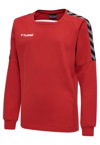 Felpa rossa in cotone, con scollo rotondo, maniche lunghe e dettagli a zig zag neri e grigi sulle spalle.