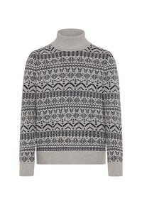 Hellgrauer Rollkragensweater mit einem marineblauen geometrischen Muster, horizontalen Streifen sowie gerippten Bündchen und Saum. Weiches, strukturiertes Strickmaterial.