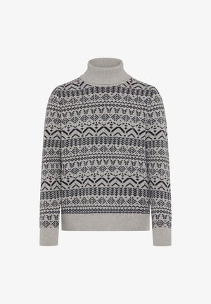 Maglione a collo alto grigio chiaro con motivo geometrico navy, strisce orizzontali e polsini e orlo a coste. Maglione morbido e lavorato a maglia.