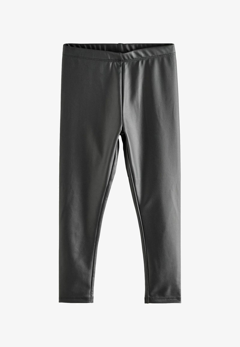 Schwarze, dehnbare Leggings mit glatter Textur, einem hohen Bund und einer figurbetonten Passform, die bis zum Knöchel reicht, ohne Muster.