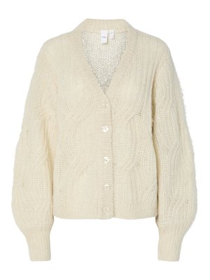 Cardigan lavorato a maglia color crema con scollo a V, motivo a treccia in rilievo, maniche oversize e grandi bottoni lucidi. Tessuto leggero e testurizzato.
