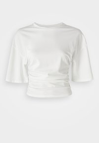 Witte korte mouwen shirt met een ronde halslijn en geplooide zijkanten, gemaakt van zachte stof met een gladde textuur en een licht losse pasvorm.