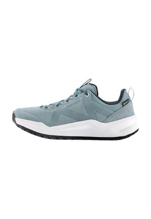 Blue-gray low-top sneaker with white sole, lace-up design, and black outsole, featuring fabric pull tab and Gore-Tex label on heel.