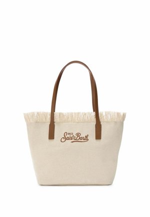 Borsa a mano beige con bordo superiore sfrangiato, manici in pelle marrone e "MC2 Saint Barth" ricamato in marrone sul davanti.
